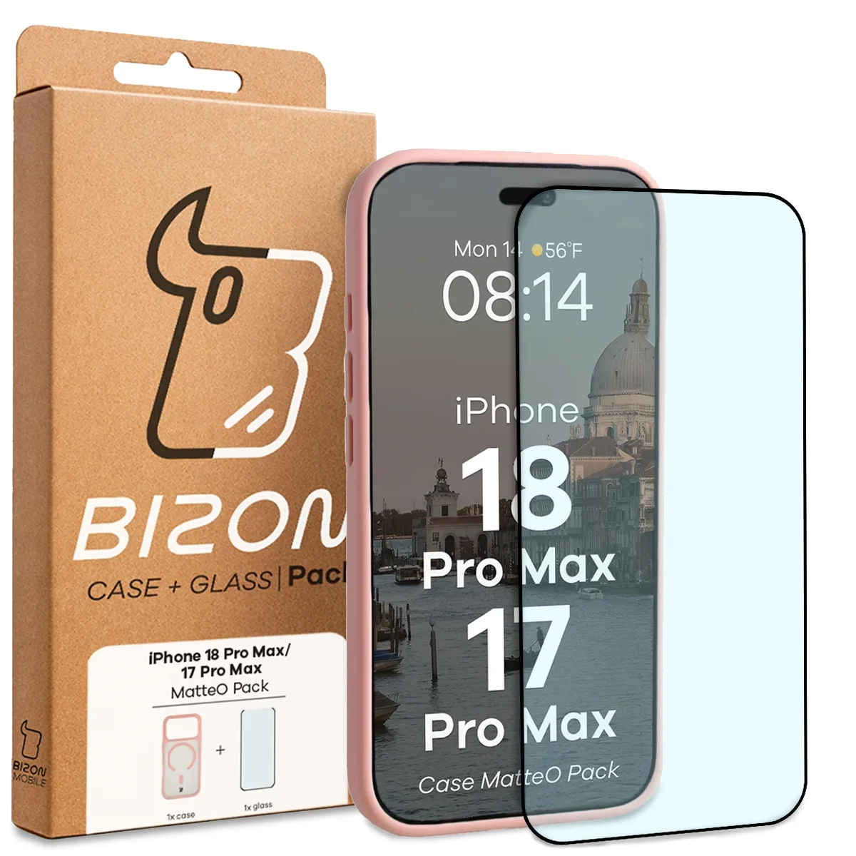 Przód pudełka Bizon Case Matteo Pack z dedykowaną etykietą do iPhone 18 Pro Max / 17 Pro Max