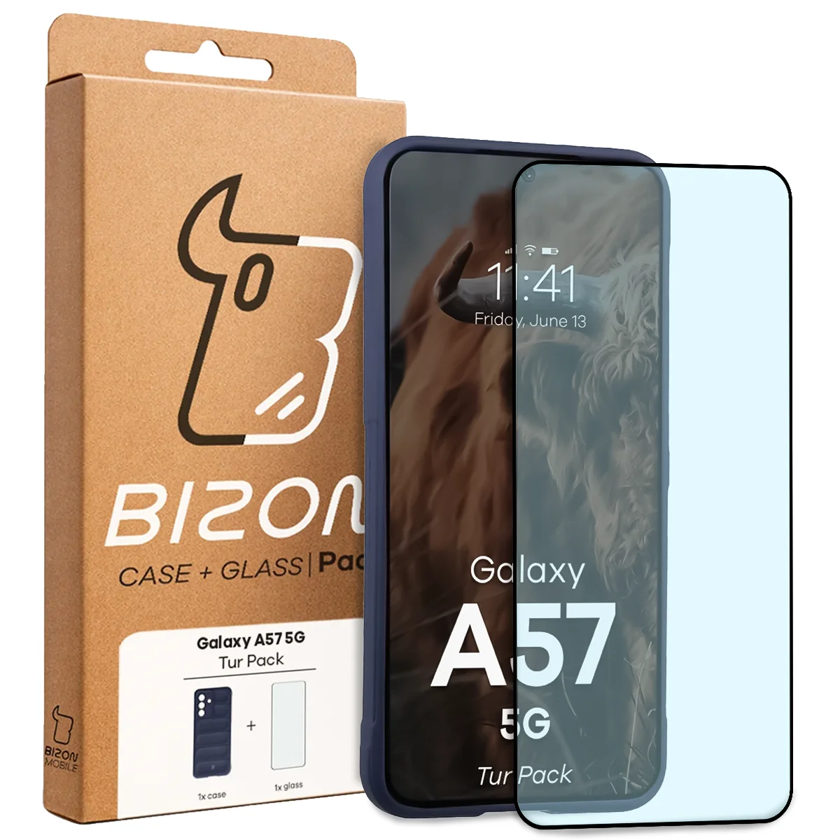 Przód pudełka Bizon Tur Pack z dedykowaną etykietą do Galaxy A57 5G