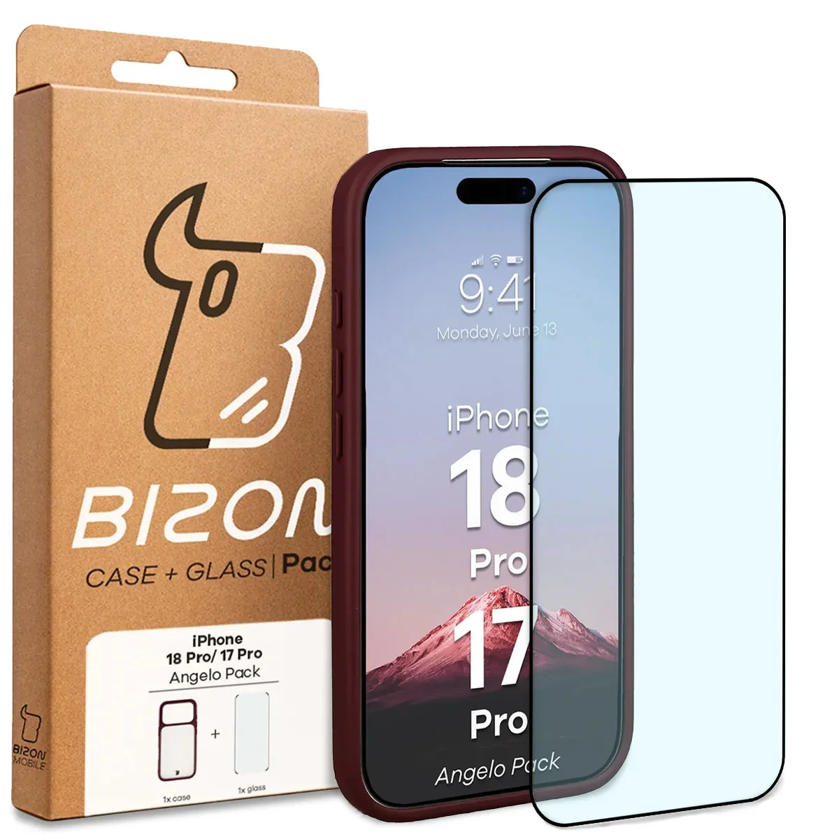 Przód pudełka Bizon Case Angelo Pack z dedykowaną etykietą do iPhone 18 Pro / 17 Pro