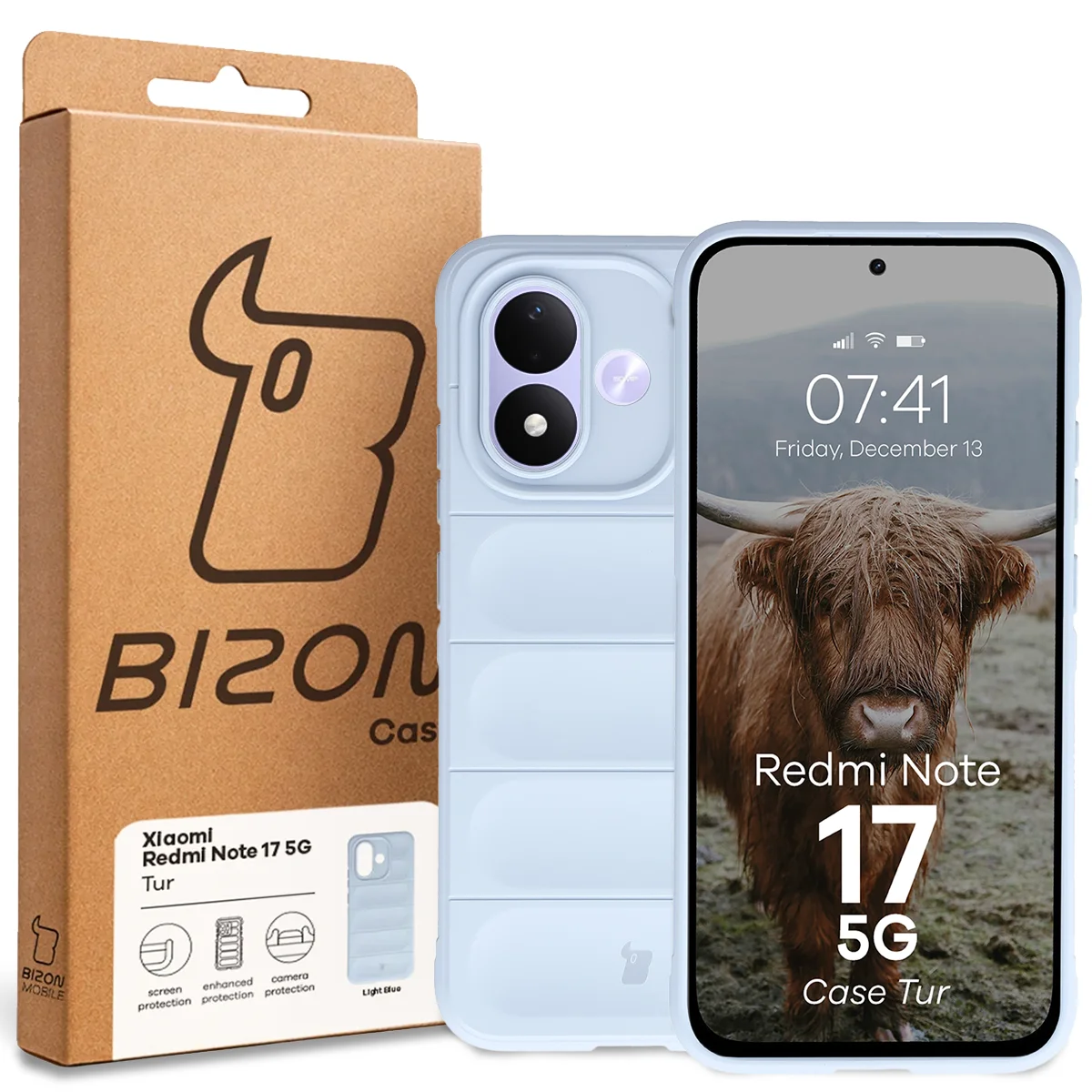 Przód pudełka Bizon Case z dedykowaną etykietą do Xiaomi Redmi Note 17 5G