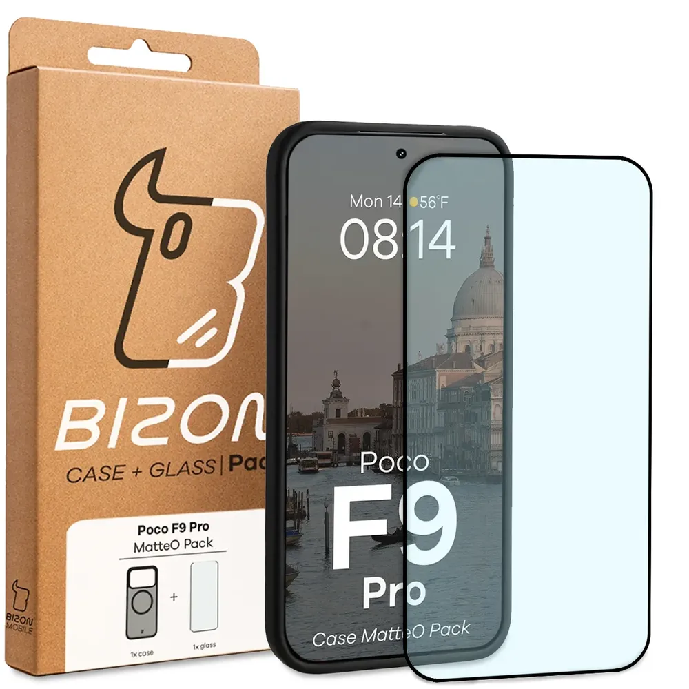 Przód pudełka Bizon Case Matteo Pack z dedykowaną etykietą do Xiaomi POCO F9 Pro