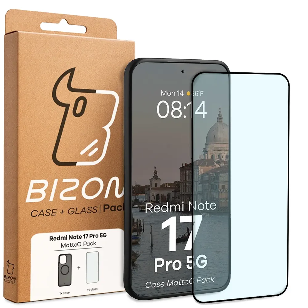 Przód pudełka Bizon Case Matteo Pack z dedykowaną etykietą do Xiaomi Redmi Note 17 Pro 5G