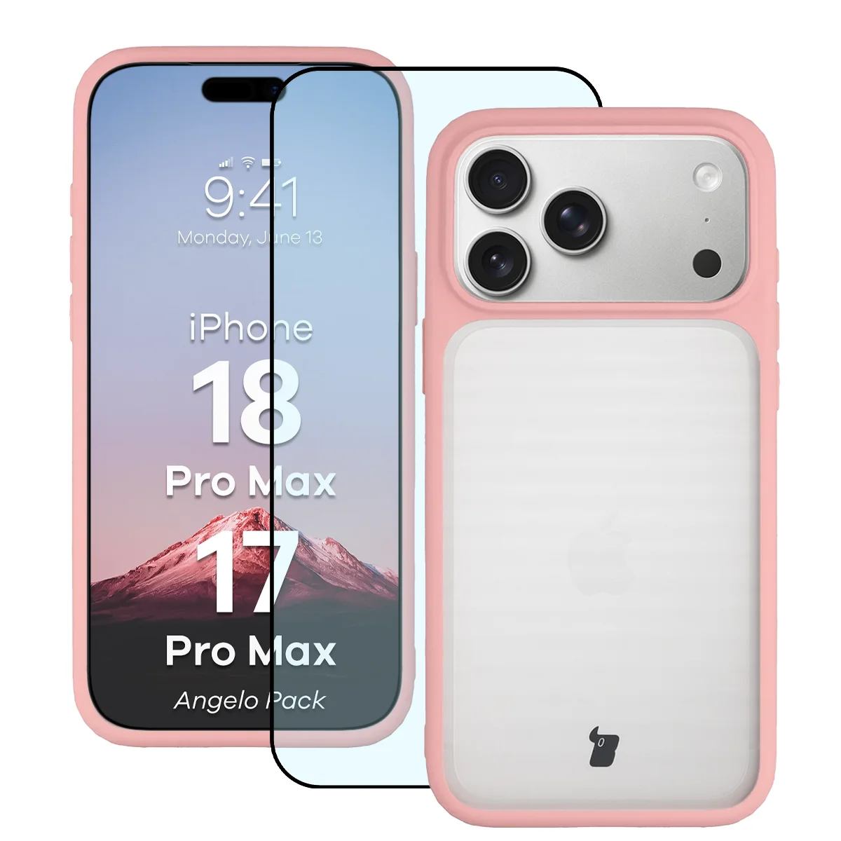 Przód pudełka Bizon Case Angelo Pack z dedykowaną etykietą do iPhone 18 Pro Max / 17 Pro Max