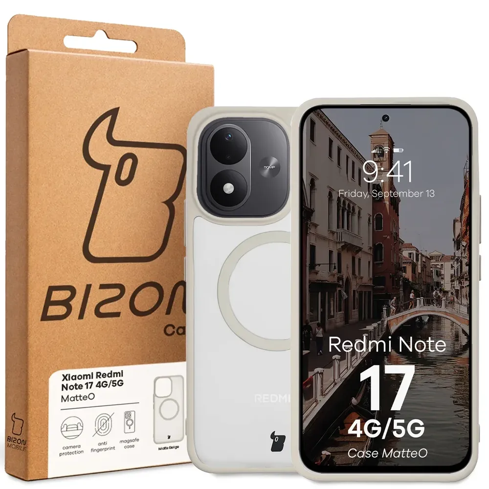 Przód pudełka Bizon Case z dedykowaną etykietą do Xiaomi Redmi Note 17 5G / 4G