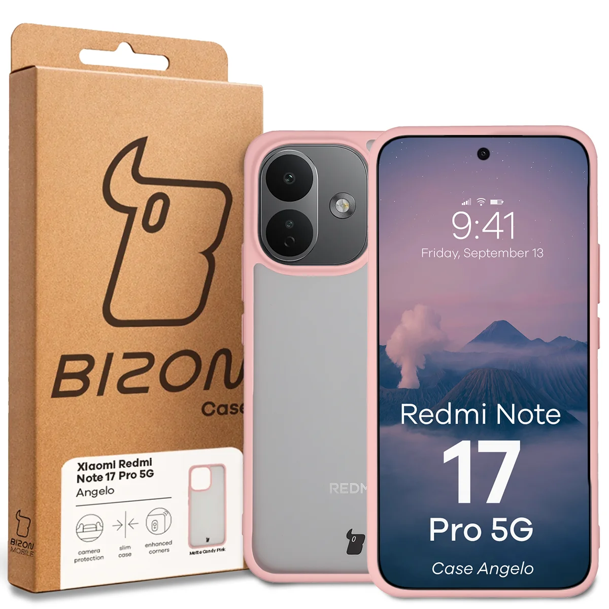Przód pudełka Bizon Case z dedykowaną etykietą do Xiaomi Redmi Note 17 Pro 5G