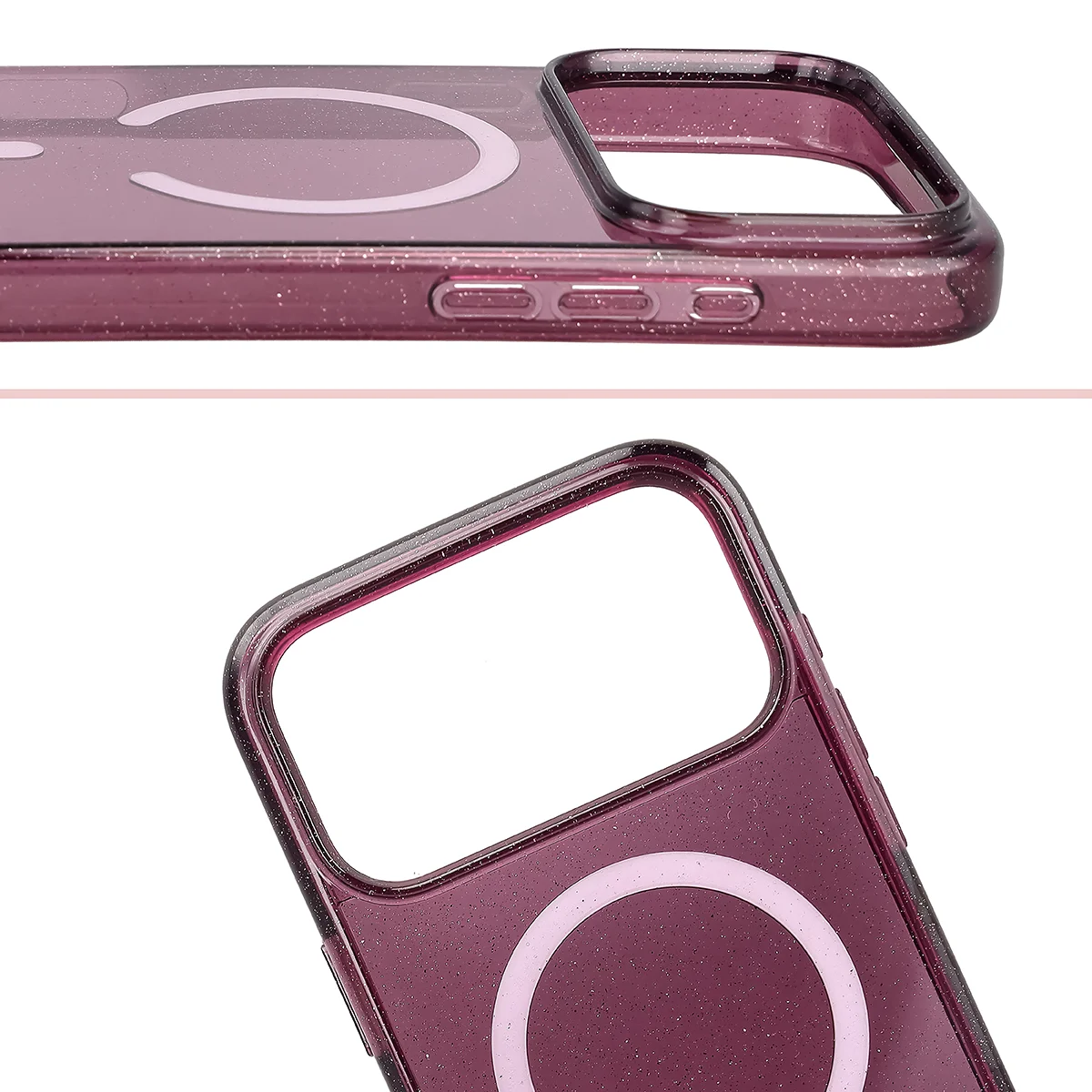 Podwyższone krawędzie aparatu i duże wycięcie w etui Bizon Case SparklO do iPhone 18 Pro Max / 17 Pro Max