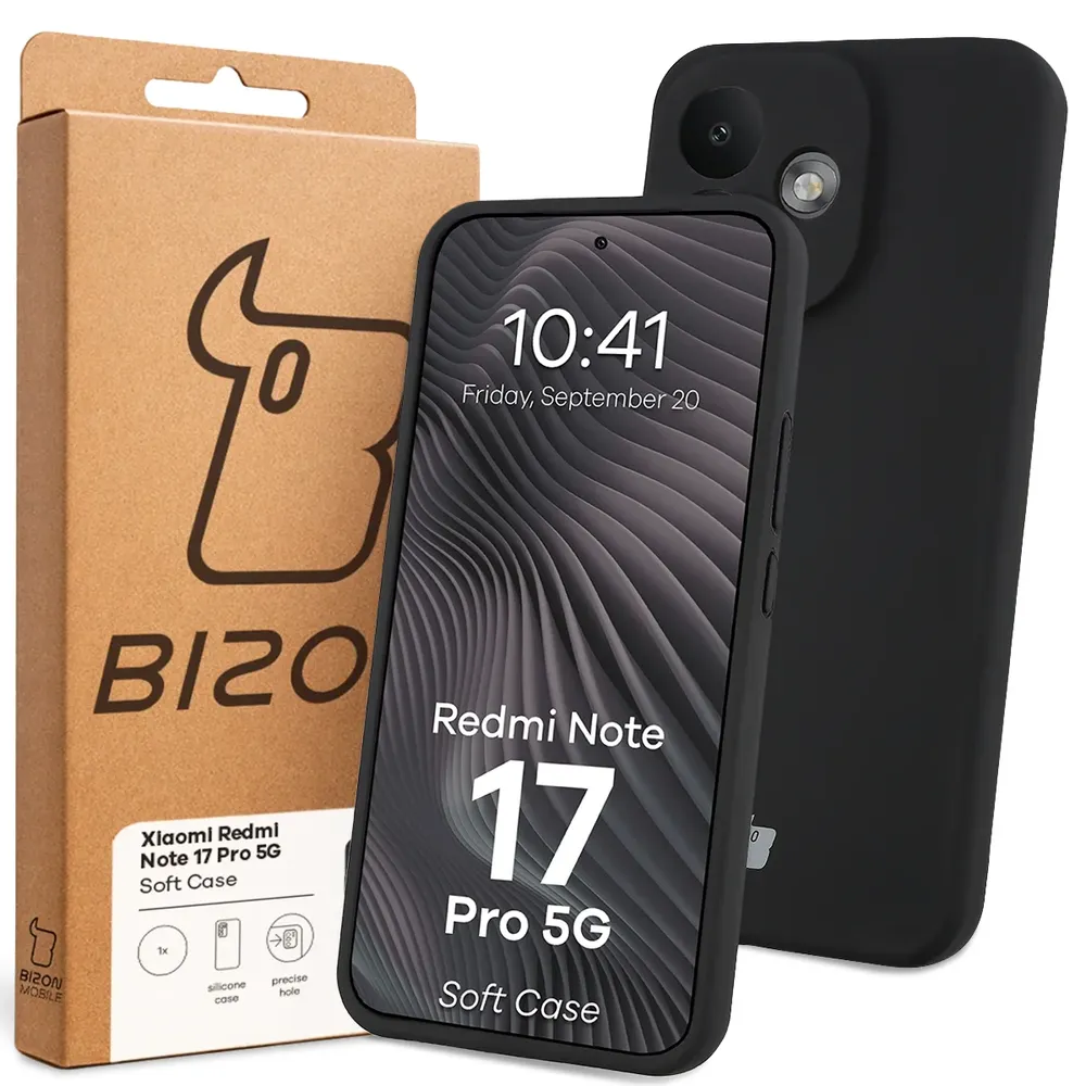 Przód pudełka Bizon Case z dedykowaną etykietą do Xiaomi Redmi Note 17 Pro 5G