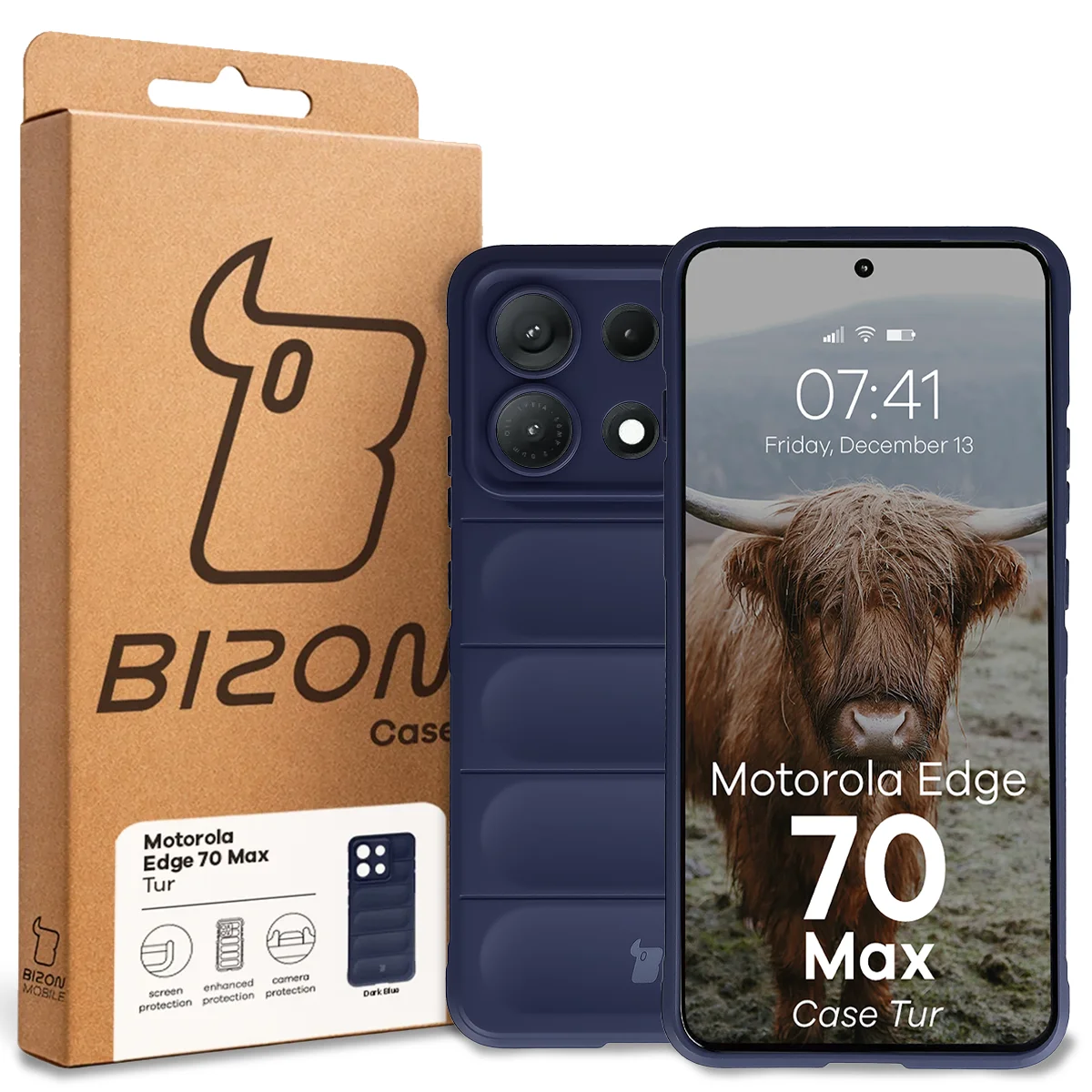 Przód pudełka Bizon Case z dedykowaną etykietą do Motorola Edge 70 Max
