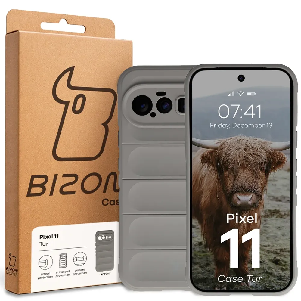 Przód pudełka Bizon Case z dedykowaną etykietą do Google Pixel 11