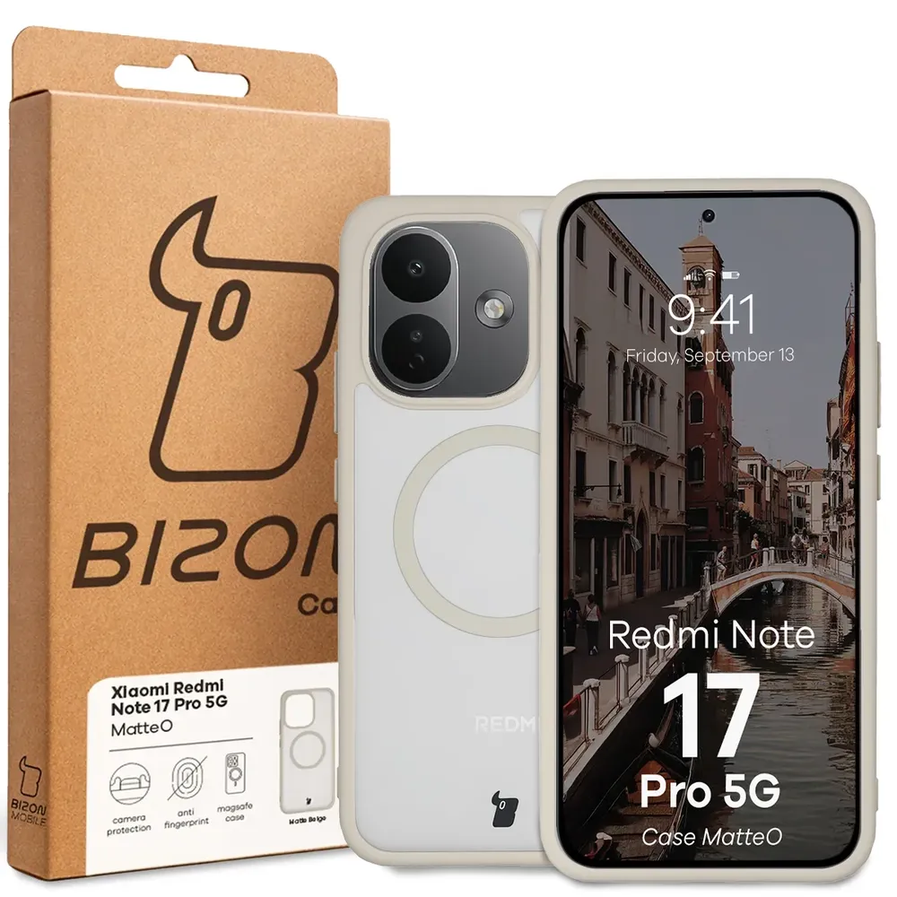 Przód pudełka Bizon Case z dedykowaną etykietą do Xiaomi Redmi Note 17 Pro 5G