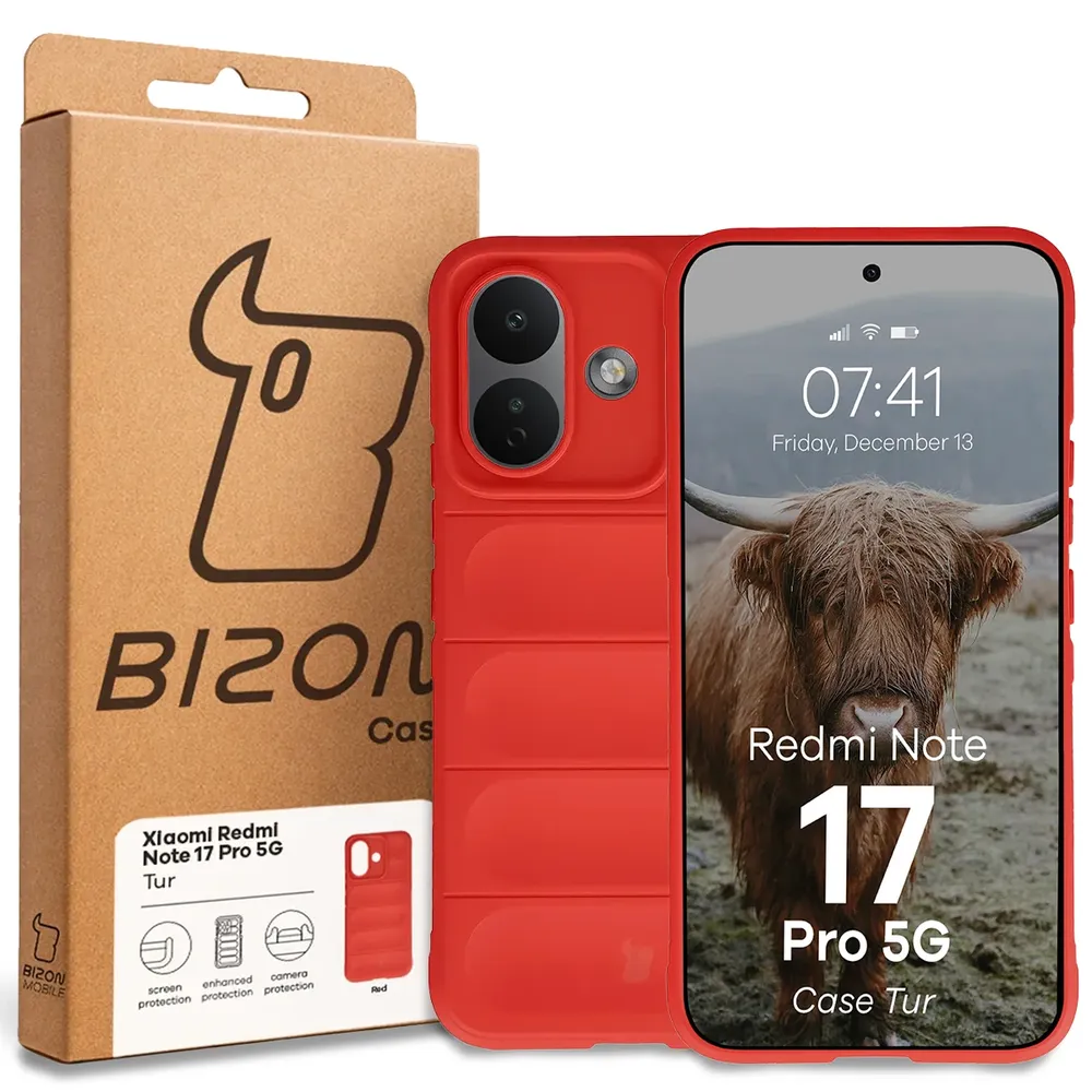 Przód pudełka Bizon Case z dedykowaną etykietą do Xiaomi Redmi Note 17 Pro 5G