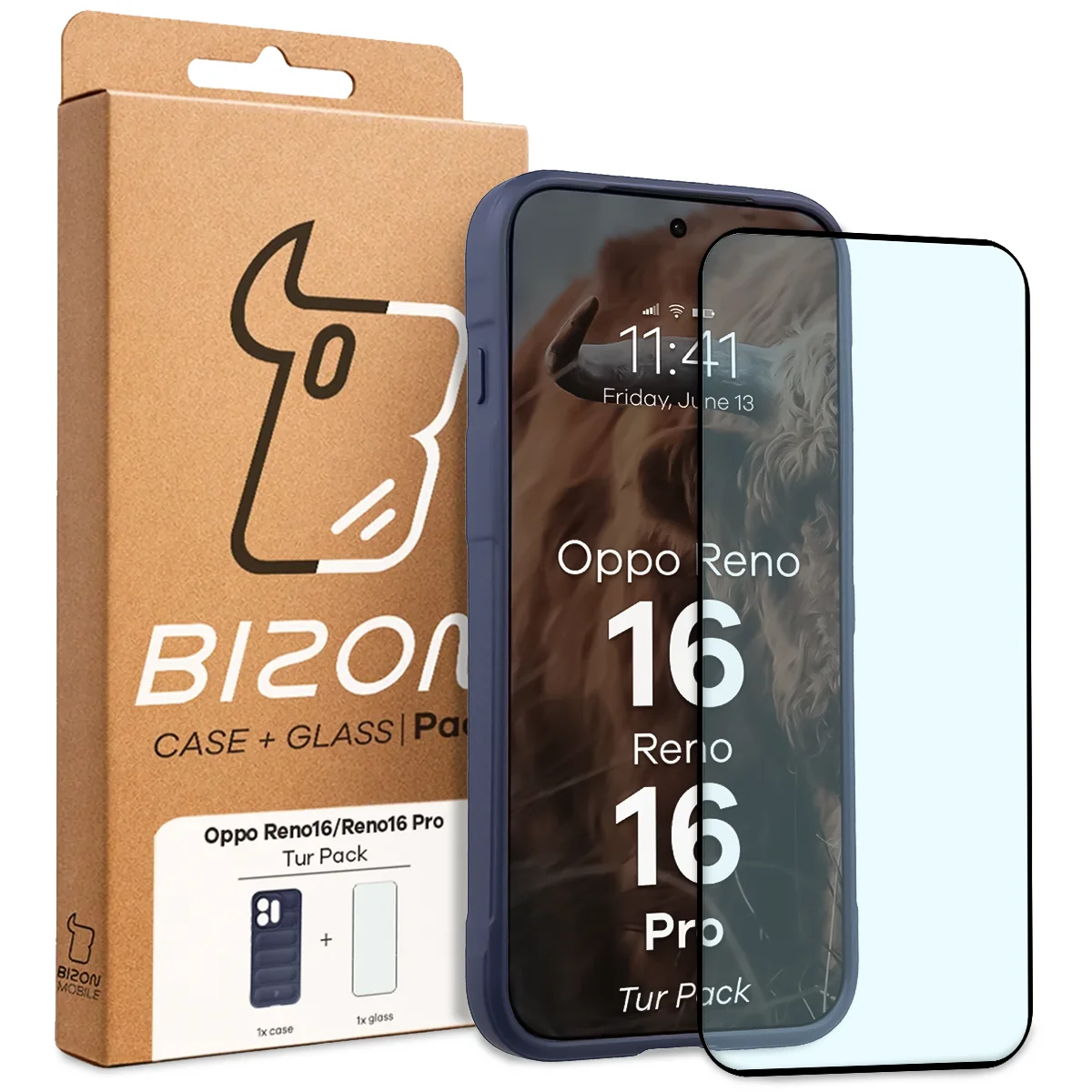 Przód pudełka Bizon Tur Pack z dedykowaną etykietą do OPPO Reno16 Pro / OPPO Reno16