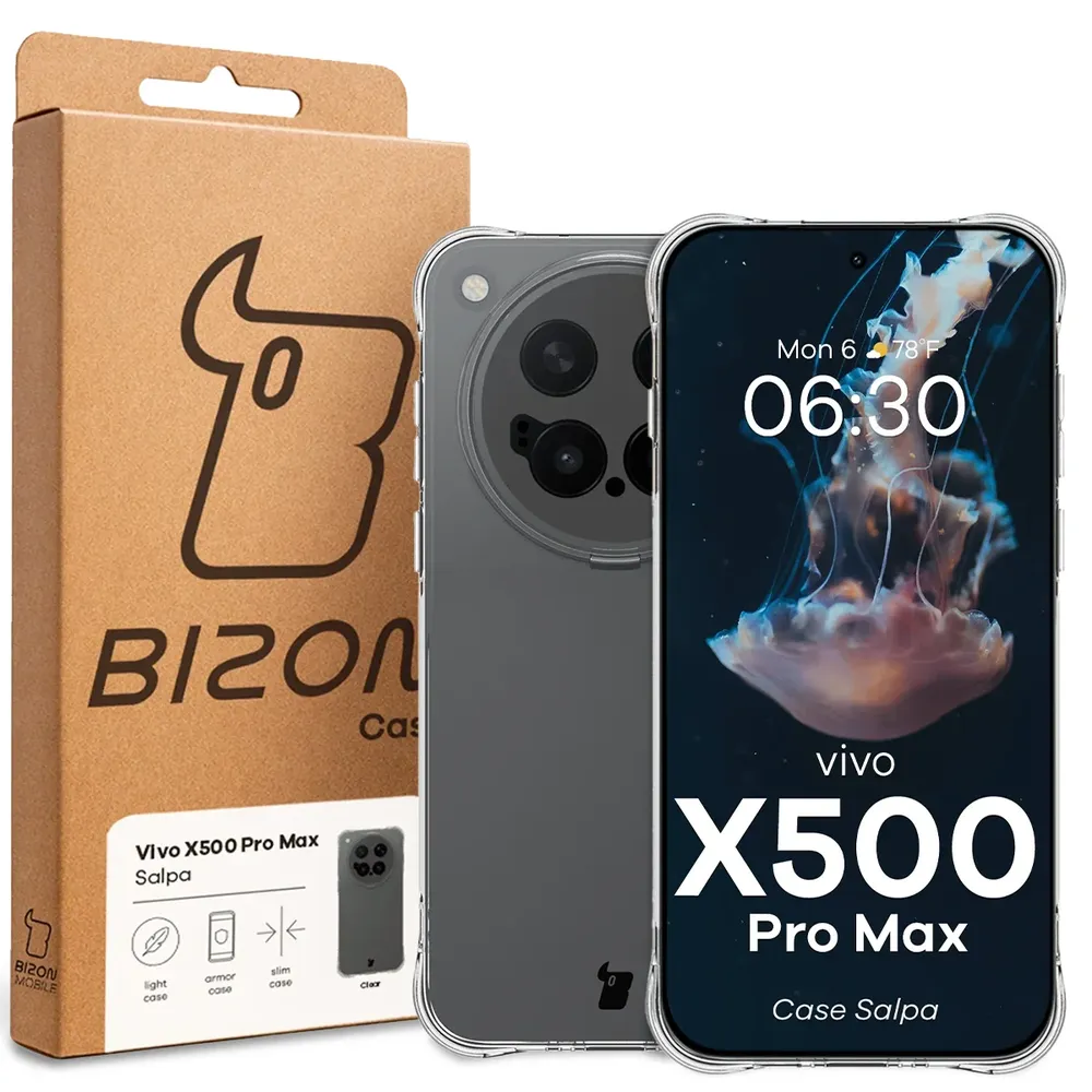 Przód pudełka Bizon Case z dedykowaną etykietą do Vivo X500 Pro Max