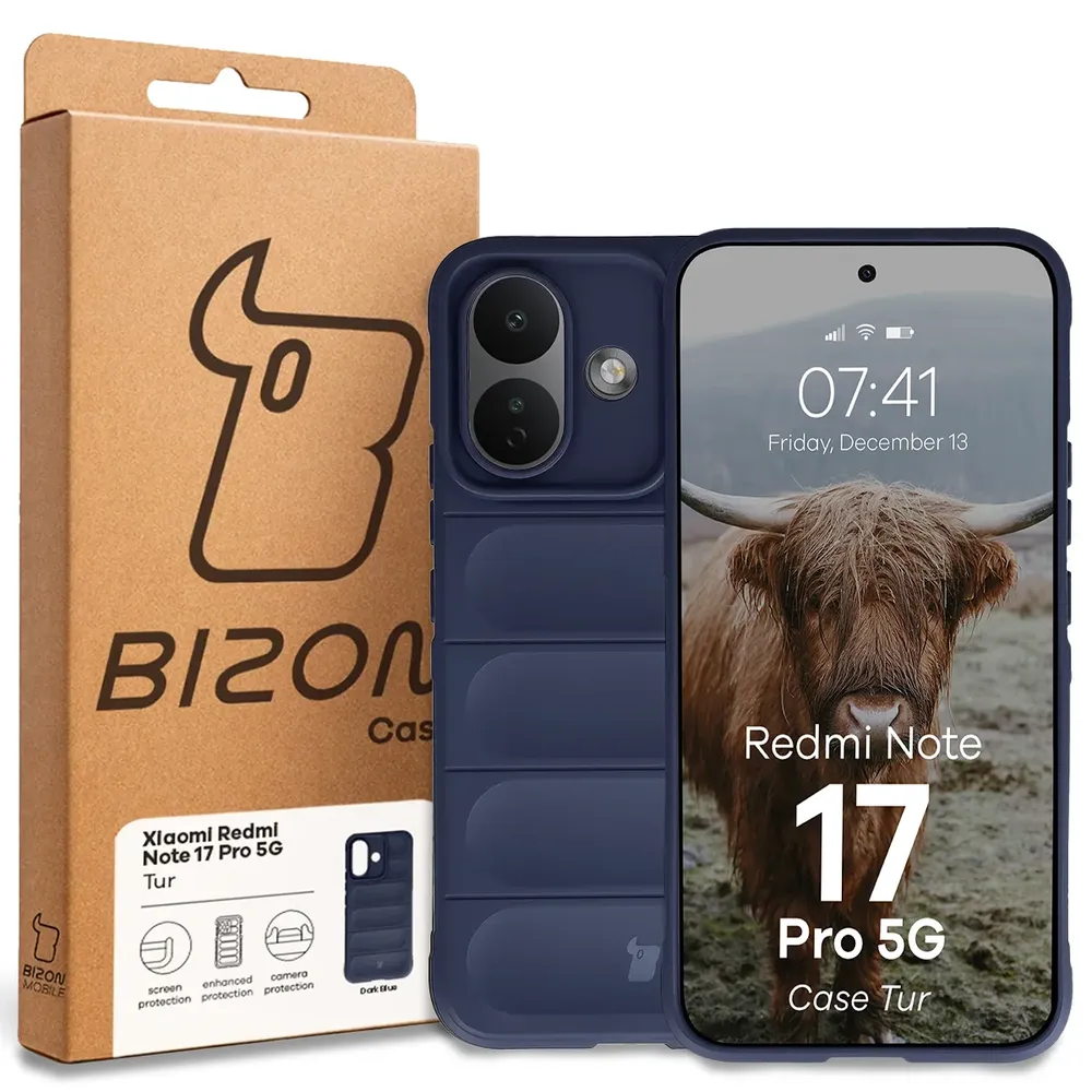 Przód pudełka Bizon Case z dedykowaną etykietą do Xiaomi Redmi Note 17 Pro 5G