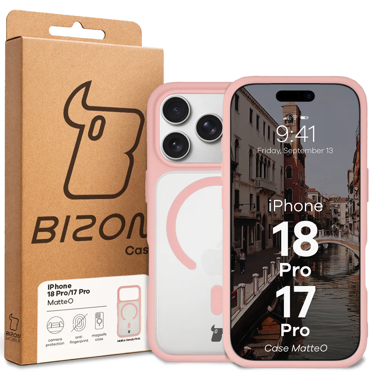 Przód pudełka Bizon Case z dedykowaną etykietą do iPhone 18 Pro / 17 Pro