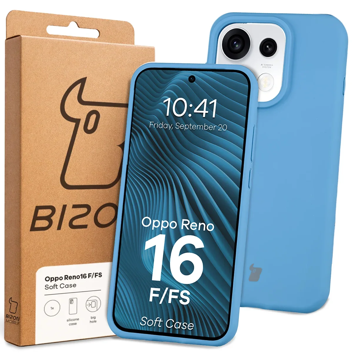 Przód pudełka Bizon Case z dedykowaną etykietą do OPPO Reno16 F, OPPO Reno16 FS