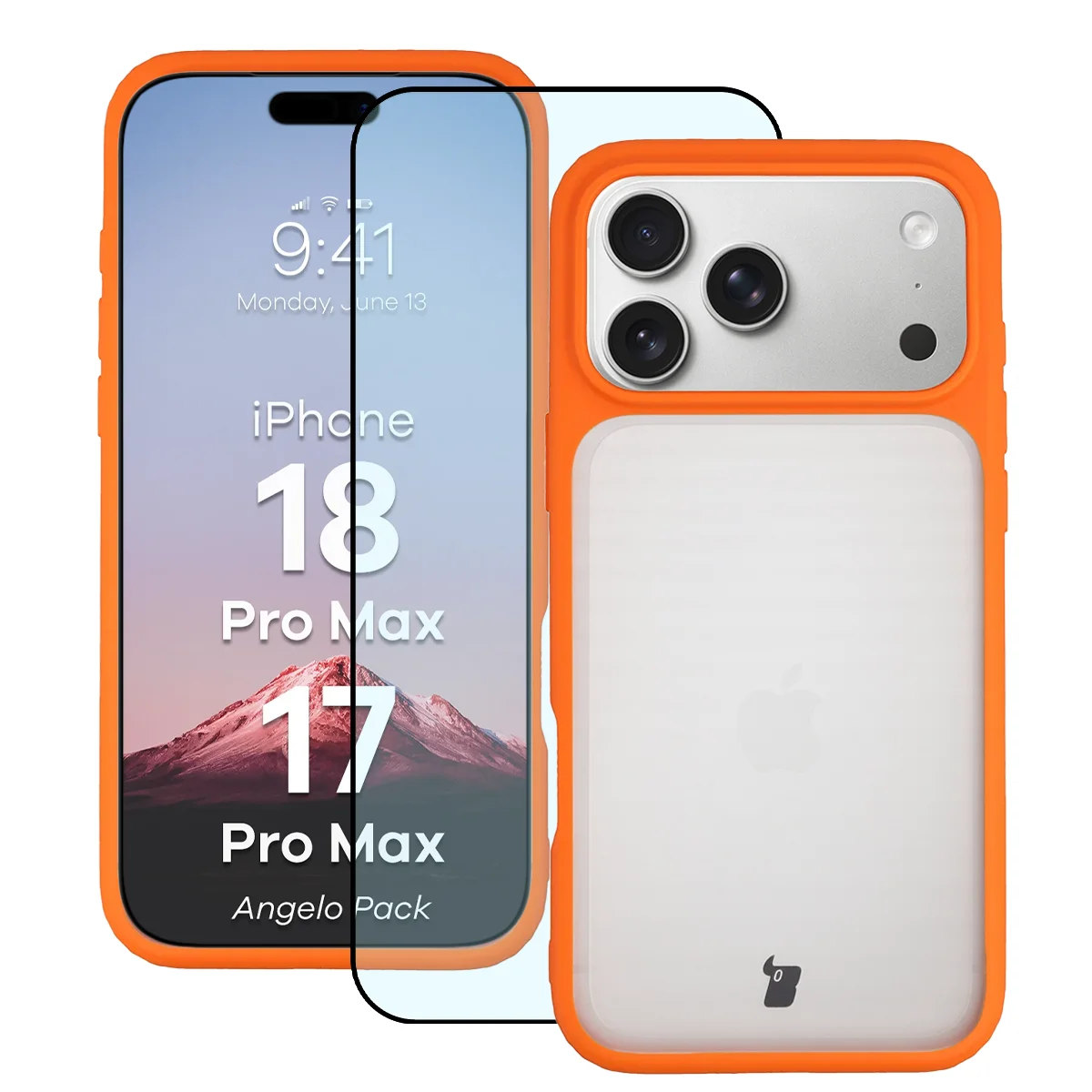 Przód pudełka Bizon Case Angelo Pack z dedykowaną etykietą do iPhone 18 Pro Max / 17 Pro Max