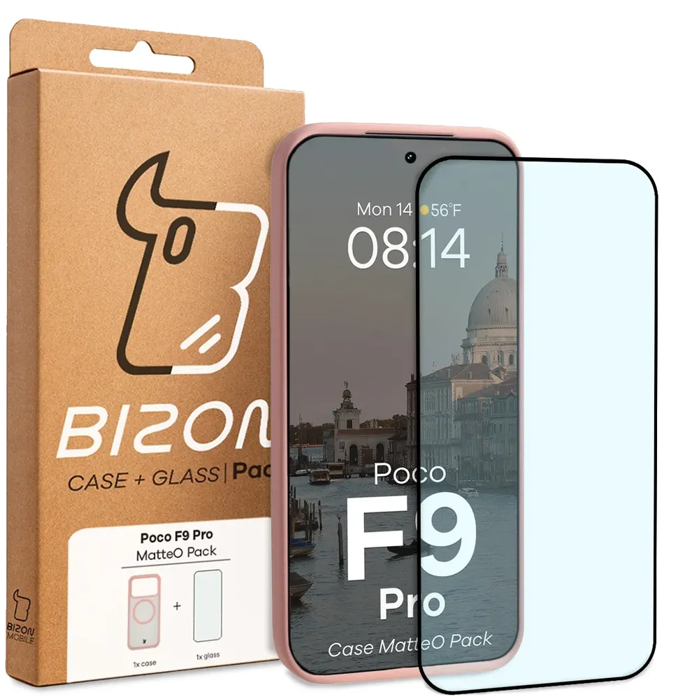 Przód pudełka Bizon Case Matteo Pack z dedykowaną etykietą do Xiaomi POCO F9 Pro