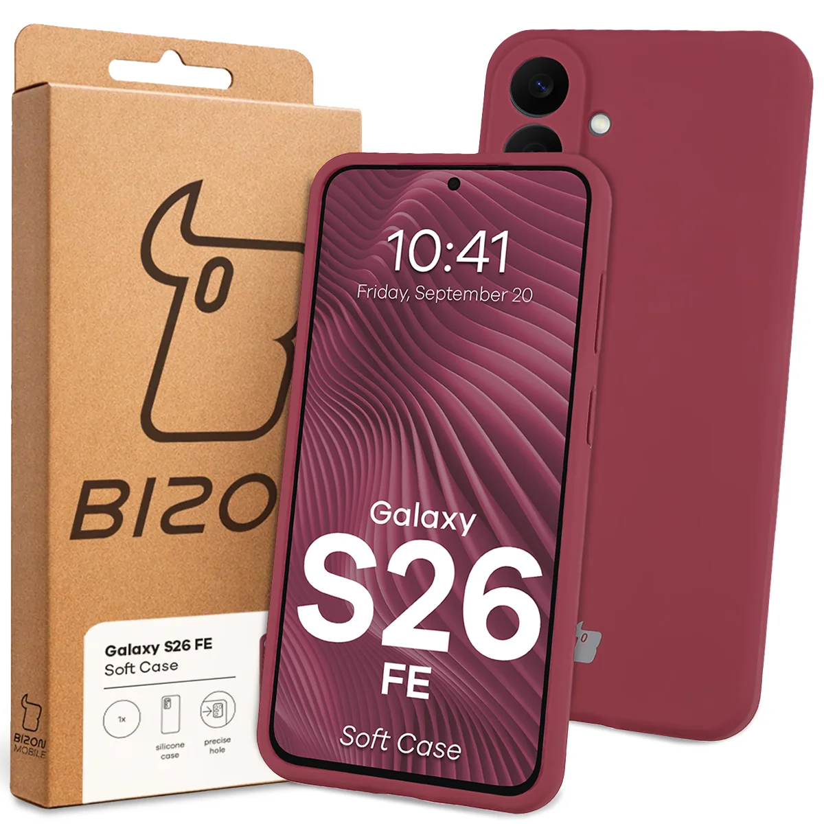 Przód pudełka Bizon Case z dedykowaną etykietą do Galaxy S26 FE