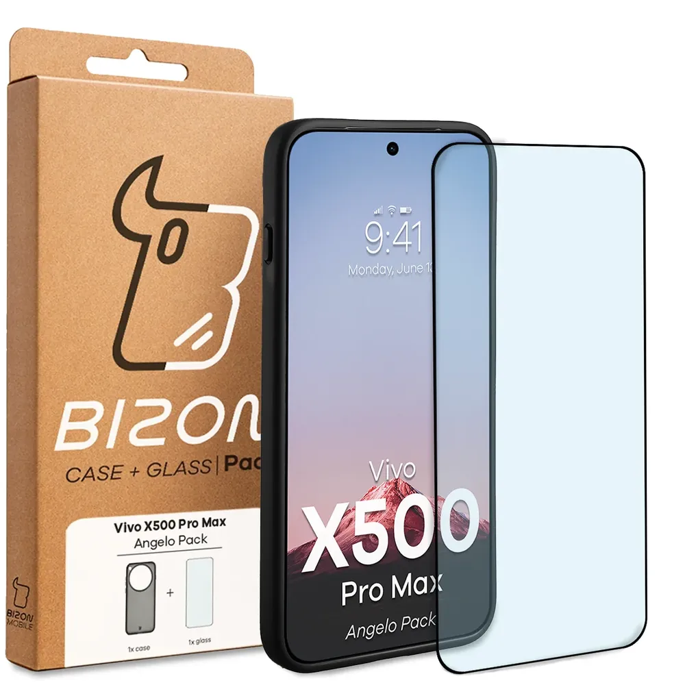 Przód pudełka Bizon Case Angelo Pack z dedykowaną etykietą do Vivo X500 Pro Max
