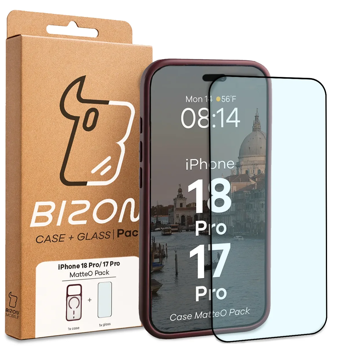Przód pudełka Bizon Case Matteo Pack z dedykowaną etykietą do iPhone 18 Pro / 17 Pro