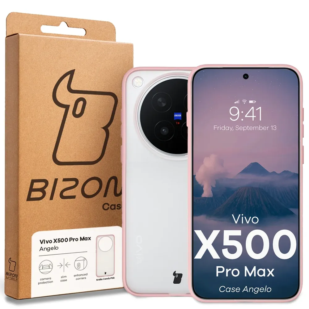 Przód pudełka Bizon Case z dedykowaną etykietą do Vivo X500 Pro Max