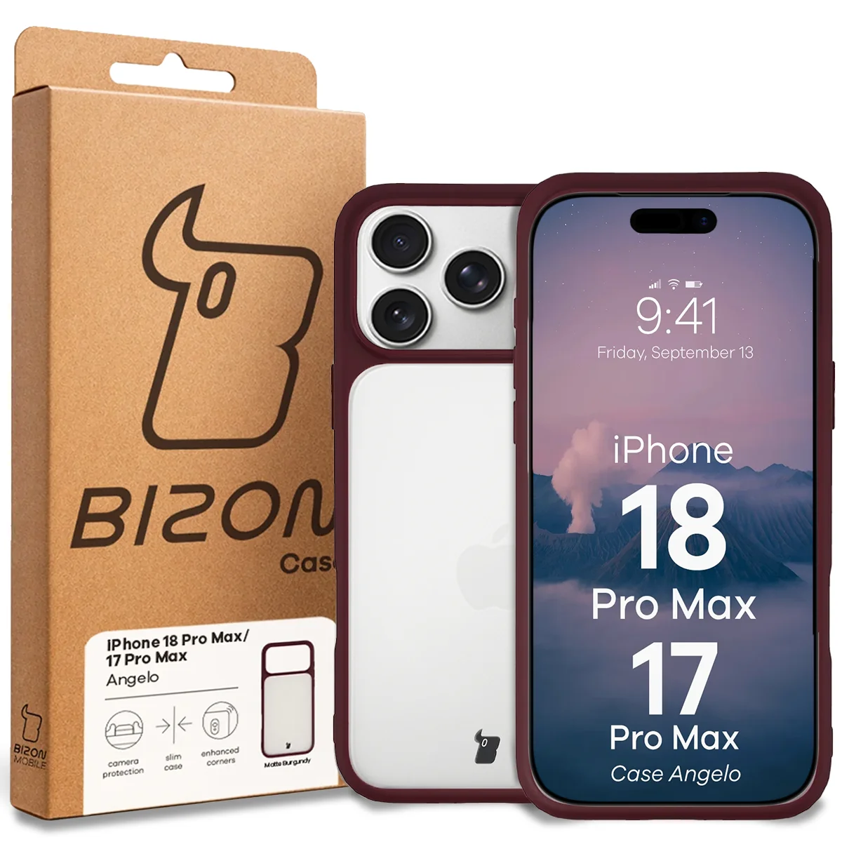 Przód pudełka Bizon Case z dedykowaną etykietą do iPhone 18 Pro Max / 17 Pro Max