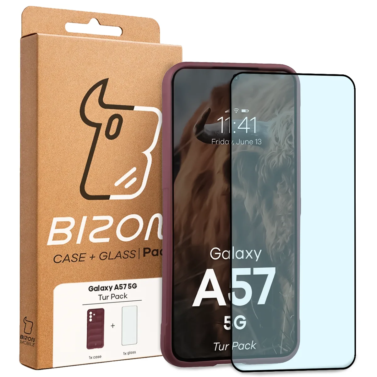 Przód pudełka Bizon Tur Pack z dedykowaną etykietą do Galaxy A57 5G