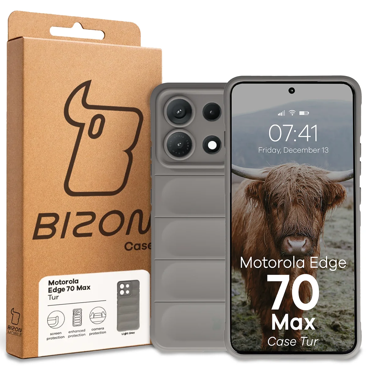 Przód pudełka Bizon Case z dedykowaną etykietą do Motorola Edge 70 Max