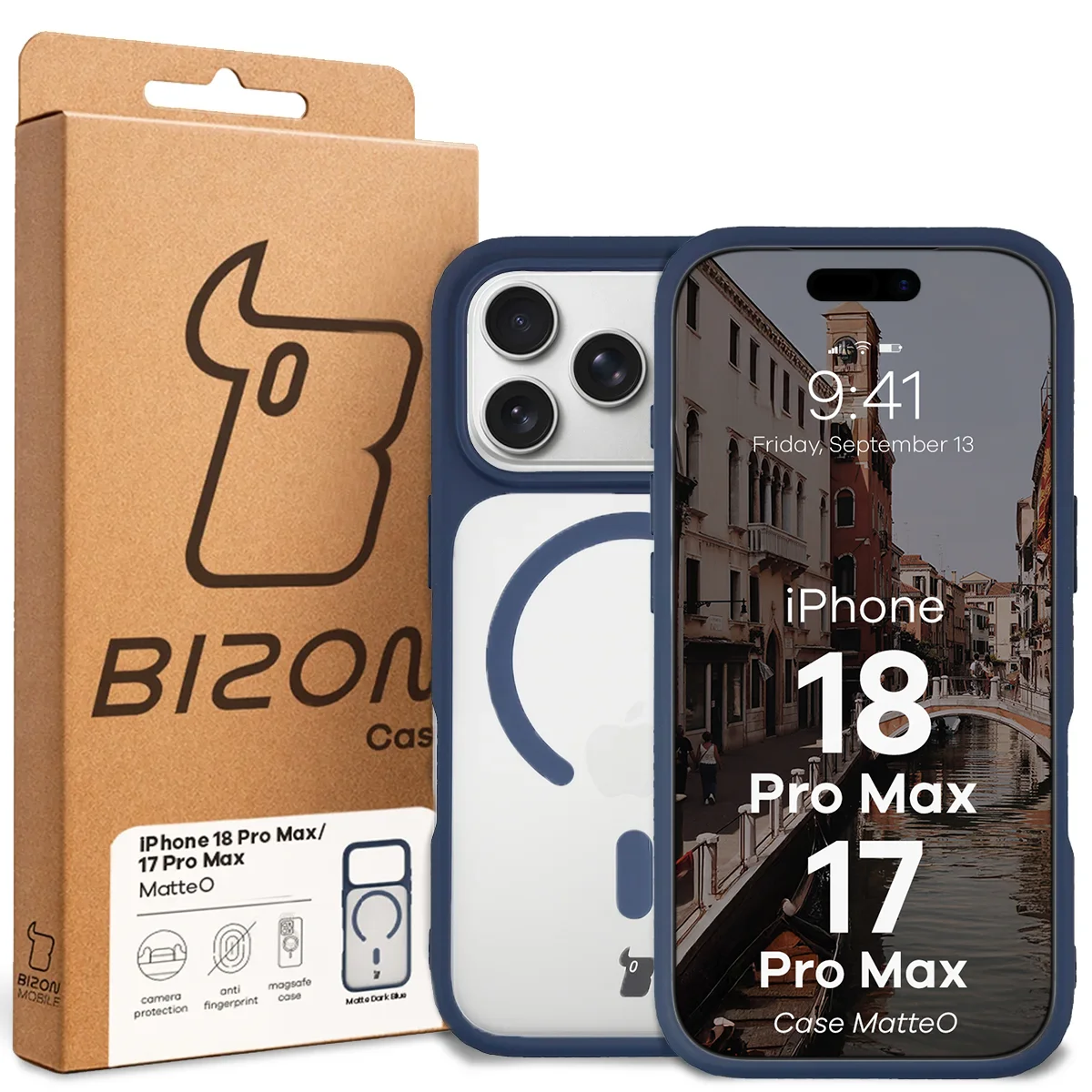 Przód pudełka Bizon Case z dedykowaną etykietą do iPhone 18 Pro Max / 17 Pro Max