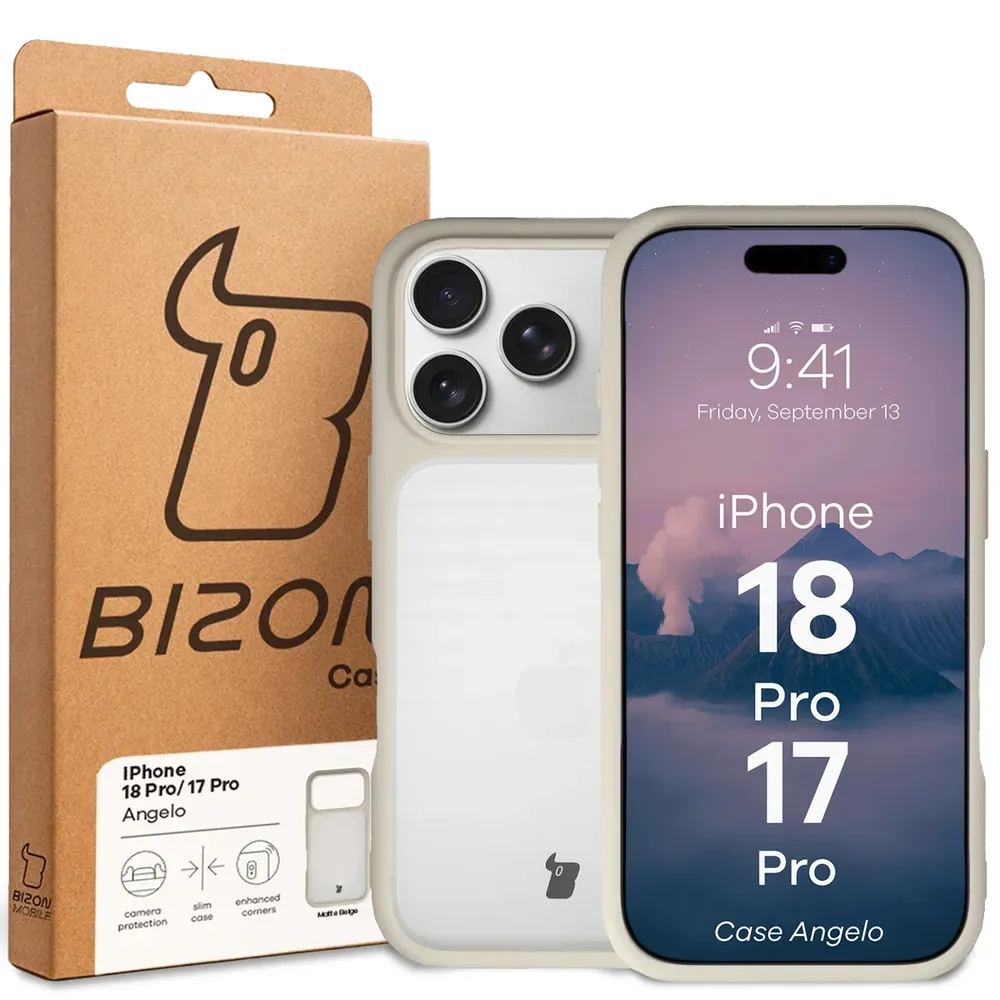 Przód pudełka Bizon Case z dedykowaną etykietą do iPhone 18 Pro / 17 Pro