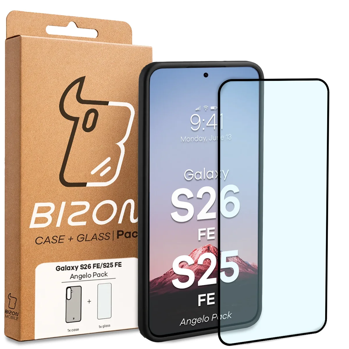 Przód pudełka Bizon Case Angelo Pack z dedykowaną etykietą do Galaxy S25 FE, Galaxy S26 FE