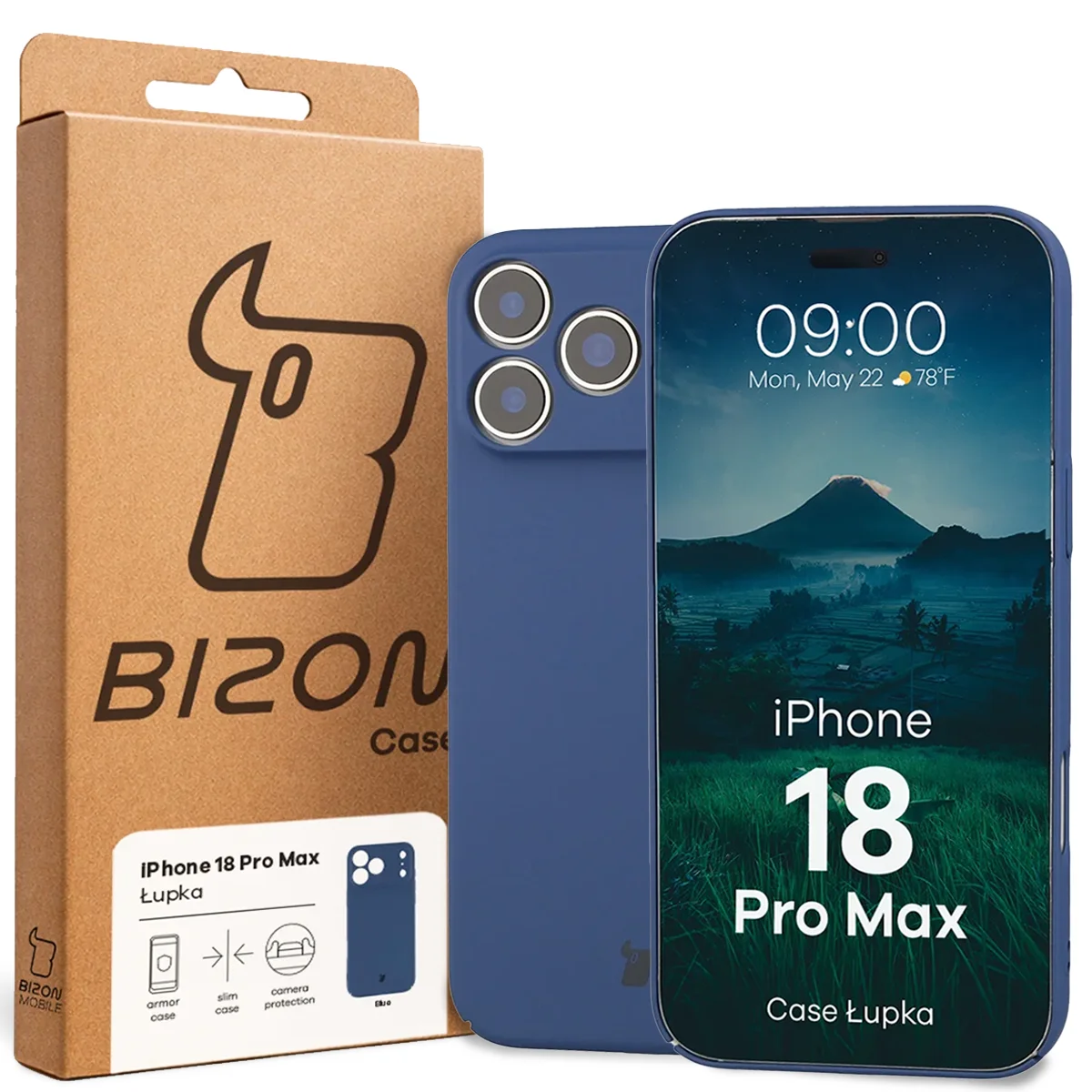 Przód pudełka Bizon Case z dedykowaną etykietą do iPhone 18 Pro Max