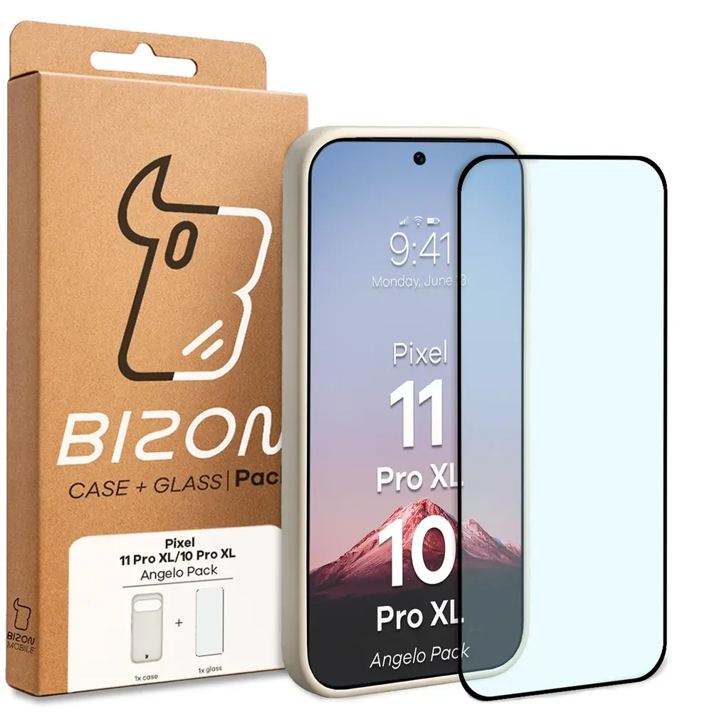 Przód pudełka Bizon Case Angelo Pack z dedykowaną etykietą do Google Pixel 10 Pro XL, Google Pixel 11 Pro XL