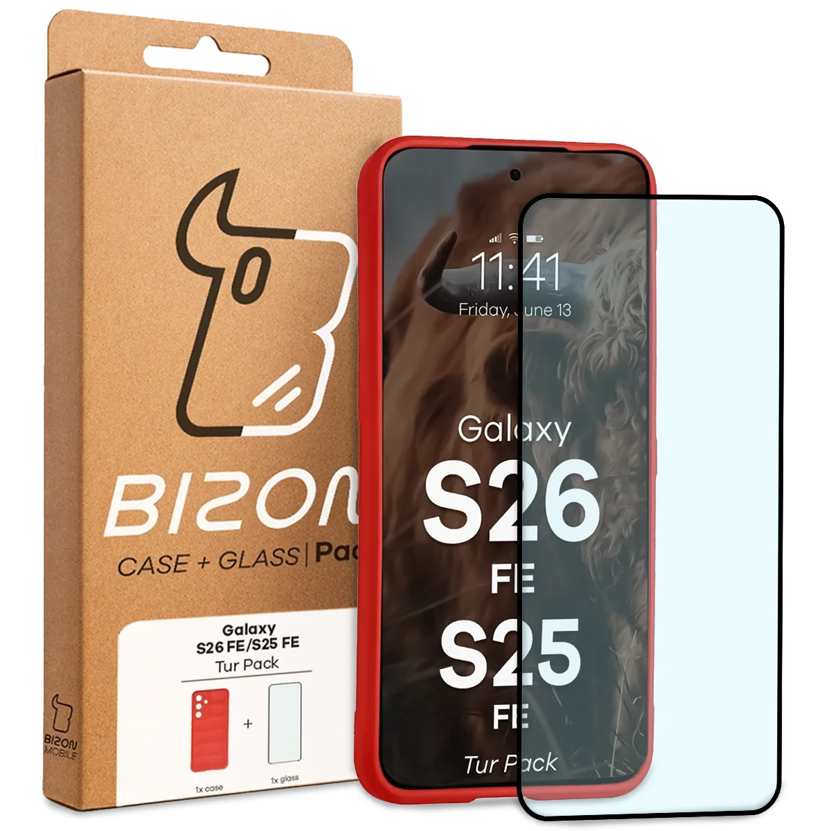 Przód pudełka Bizon Tur Pack z dedykowaną etykietą do Galaxy S25 FE, Galaxy S26 FE