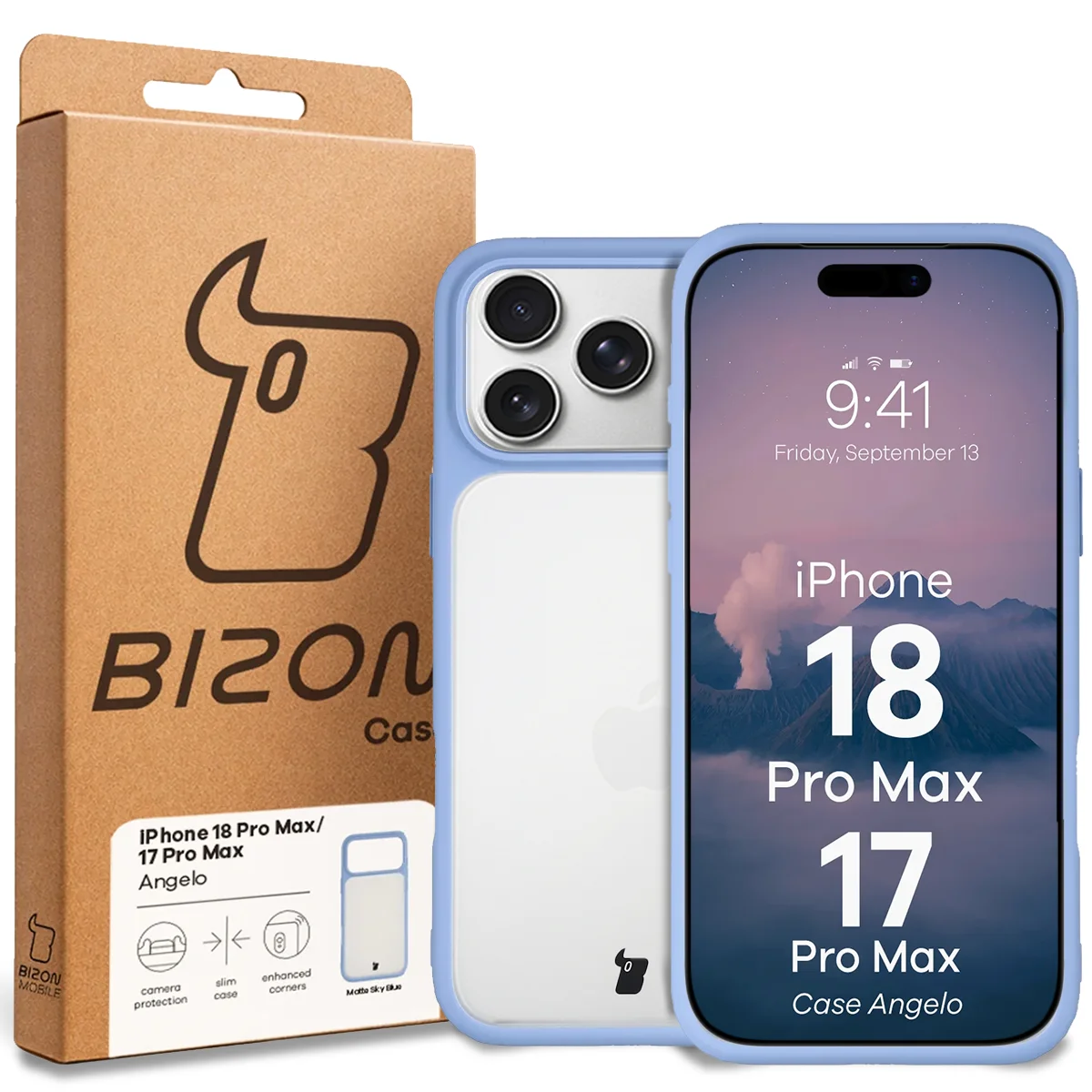 Przód pudełka Bizon Case z dedykowaną etykietą do iPhone 18 Pro Max / 17 Pro Max