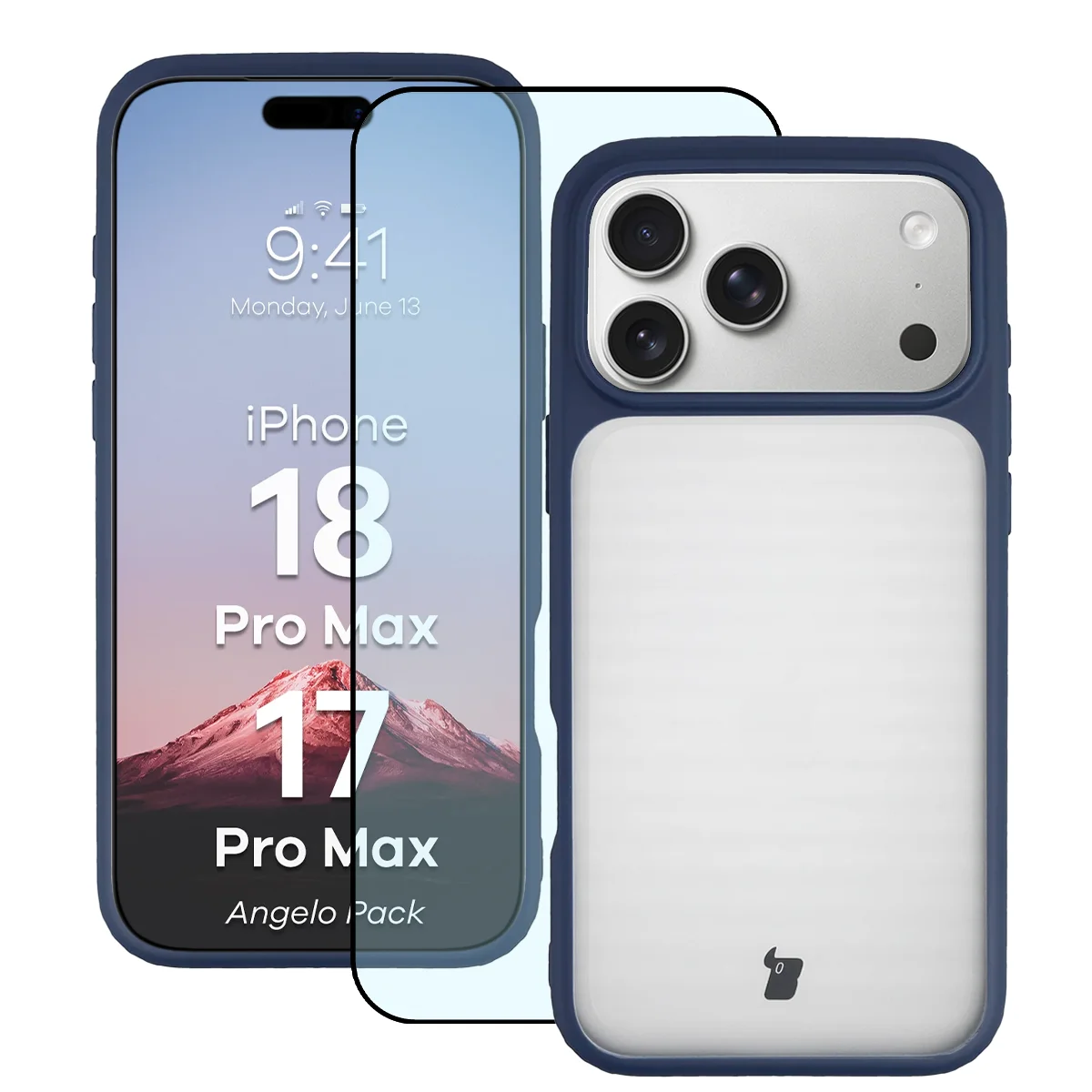 Przód pudełka Bizon Case Angelo Pack z dedykowaną etykietą do iPhone 18 Pro Max / 17 Pro Max