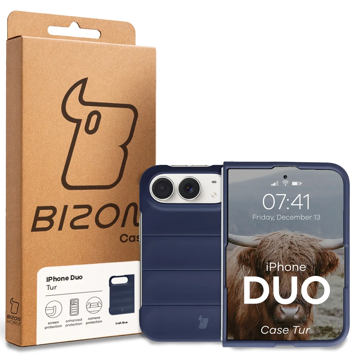 Przód pudełka Bizon Case z dedykowaną etykietą do iPhone Duo