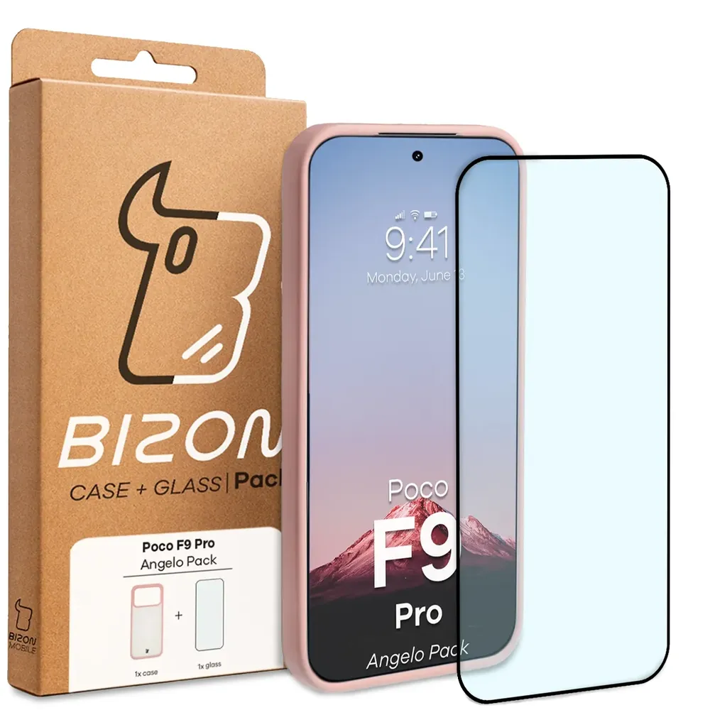 Przód pudełka Bizon Case Angelo Pack z dedykowaną etykietą do Xiaomi POCO F9 Pro