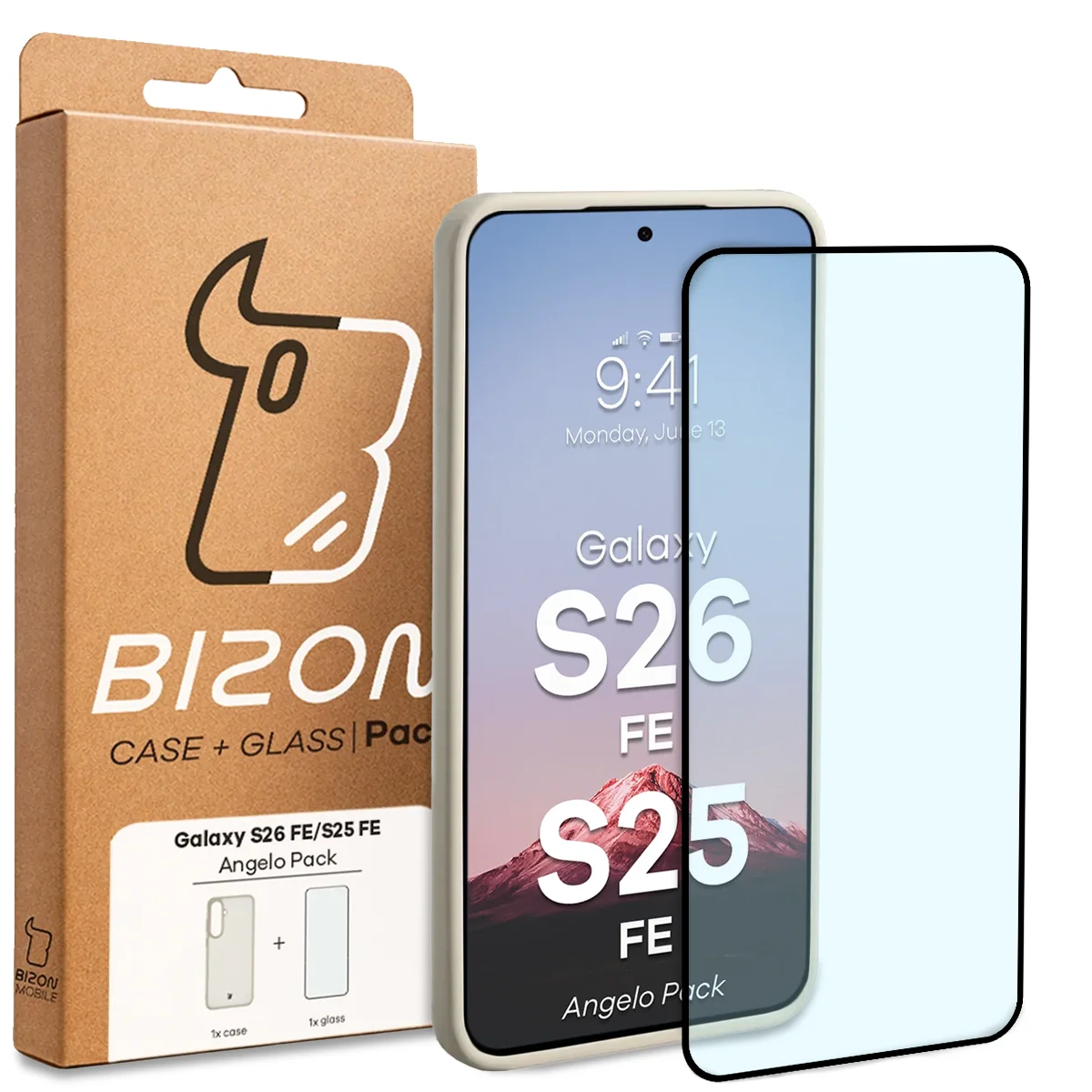 Przód pudełka Bizon Case Angelo Pack z dedykowaną etykietą do Galaxy S25 FE, Galaxy S26 FE