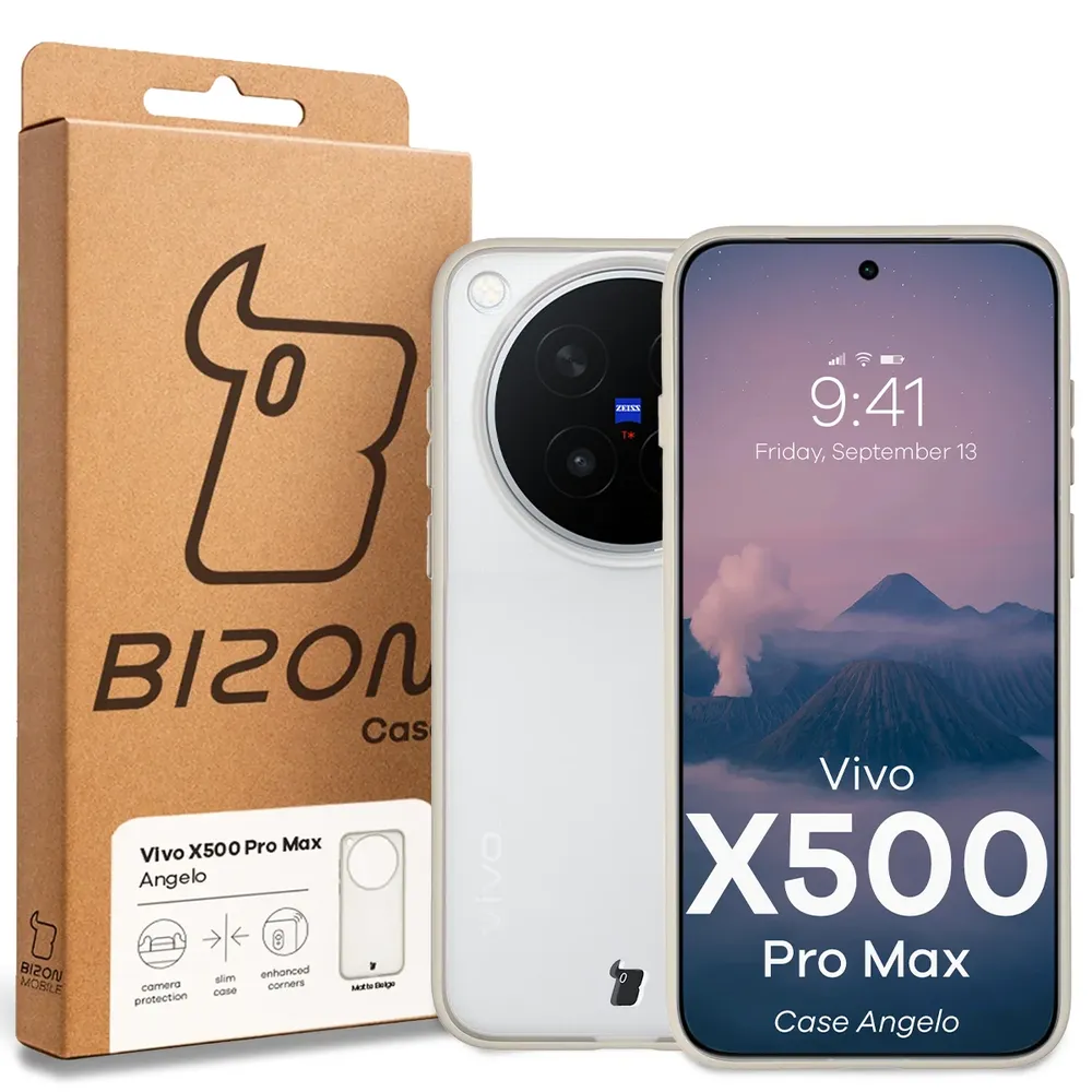 Przód pudełka Bizon Case z dedykowaną etykietą do Vivo X500 Pro Max
