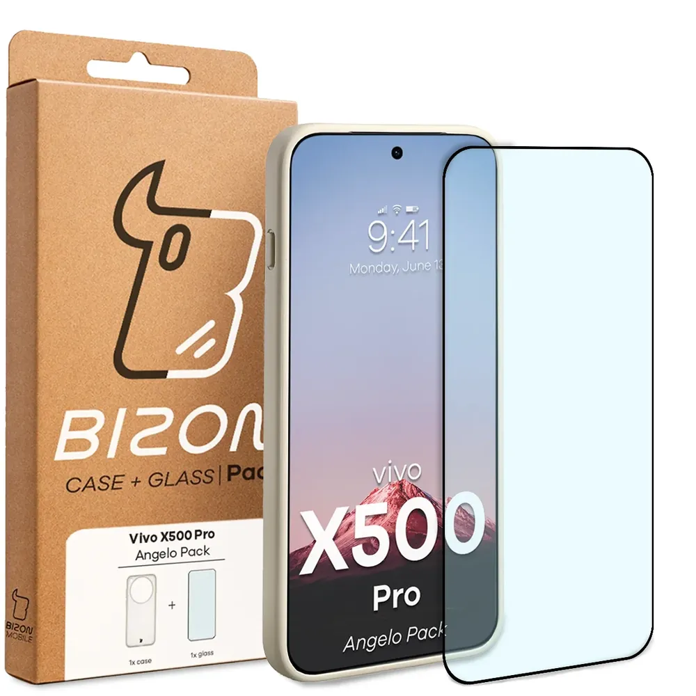 Przód pudełka Bizon Case Angelo Pack z dedykowaną etykietą do Vivo X500 Pro