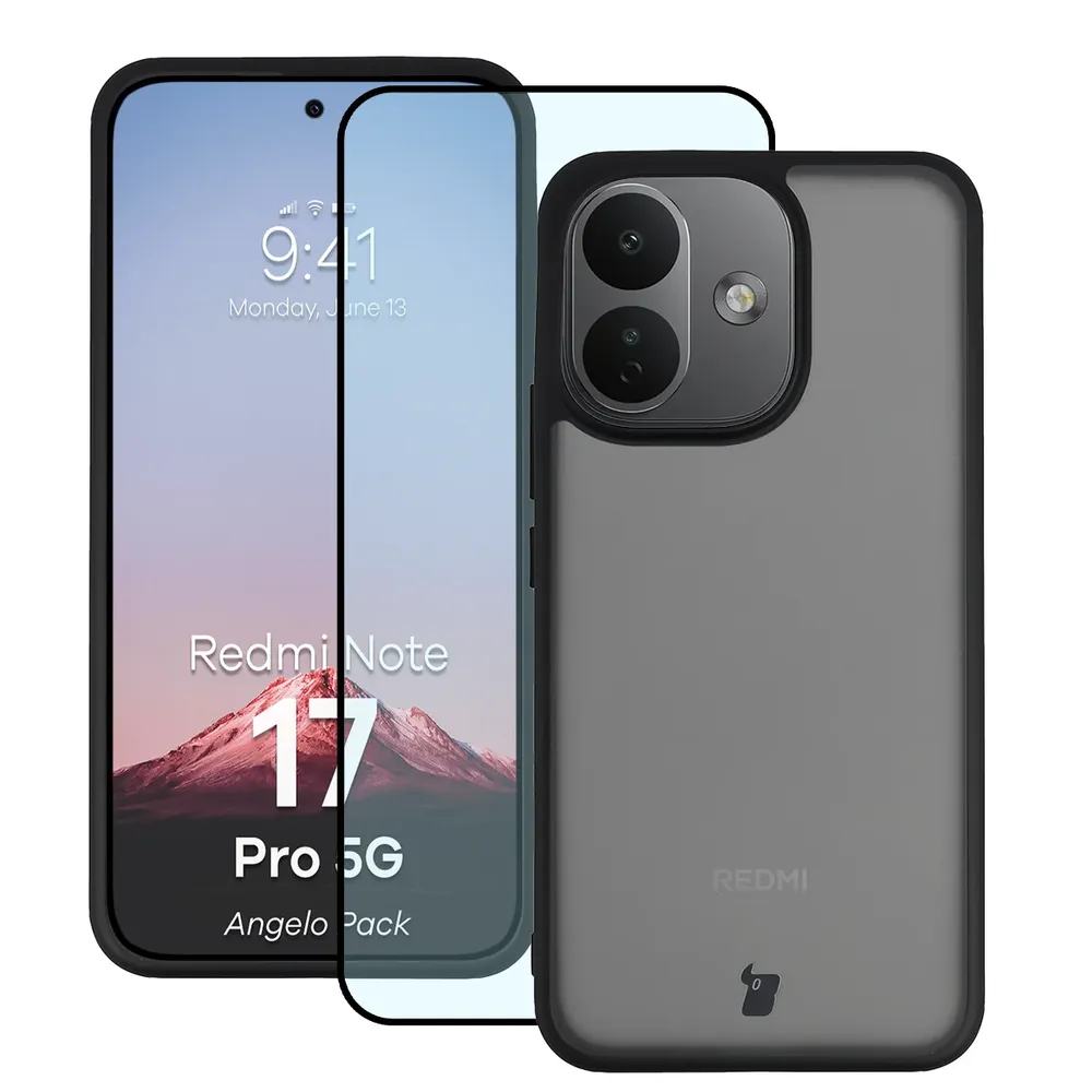 Przód pudełka Bizon Case Angelo Pack z dedykowaną etykietą do Xiaomi Redmi Note 17 Pro 5G