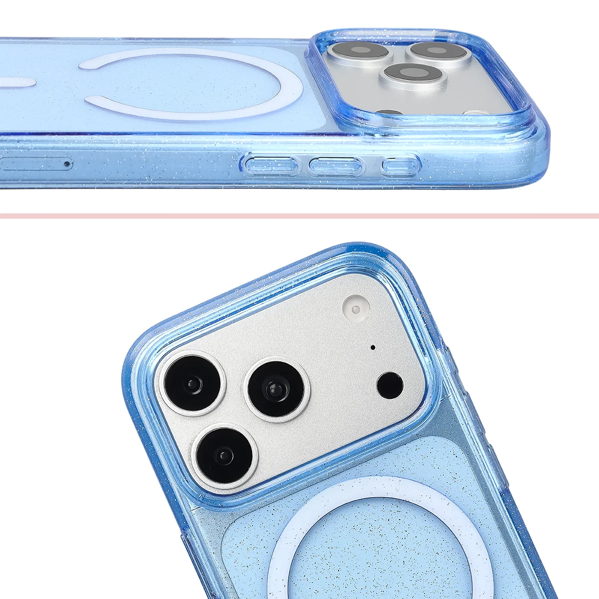 Podwyższone krawędzie aparatu i duże wycięcie w etui Bizon Case SparklO do iPhone 18 Pro / 17 Pro