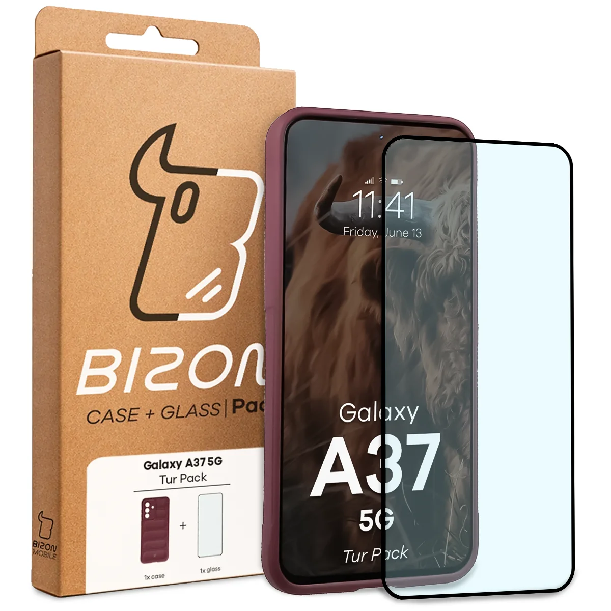 Przód pudełka Bizon Tur Pack z dedykowaną etykietą do Galaxy A37 5G
