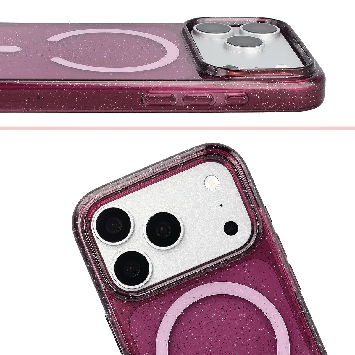 Podwyższone krawędzie aparatu i duże wycięcie w etui Bizon Case SparklO do iPhone 18 Pro / 17 Pro