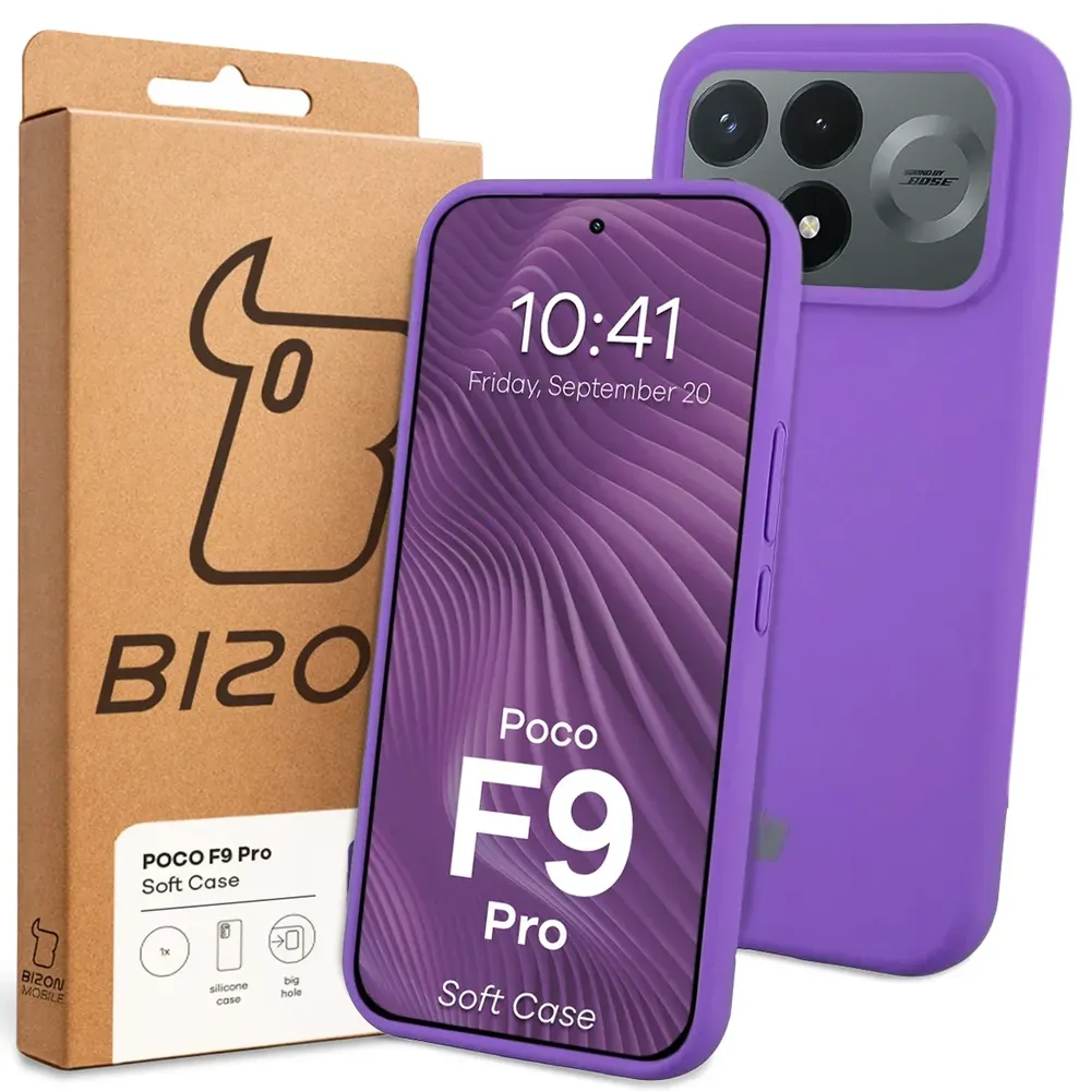Przód pudełka Bizon Case z dedykowaną etykietą do Xiaomi POCO F9 Pro