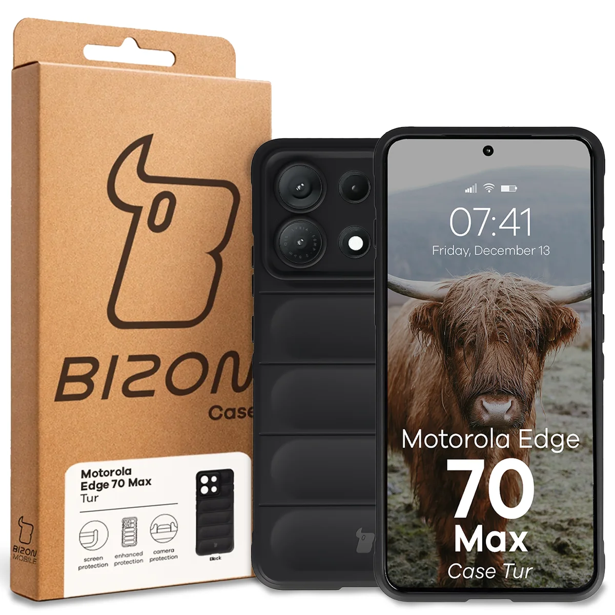 Przód pudełka Bizon Case z dedykowaną etykietą do Motorola Edge 70 Max
