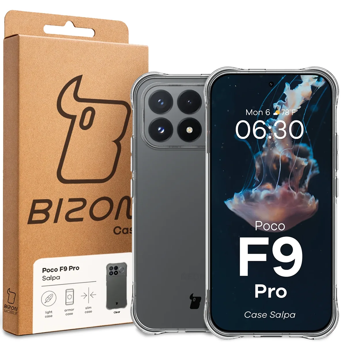 Przód pudełka Bizon Case z dedykowaną etykietą do Xiaomi POCO F9 Pro