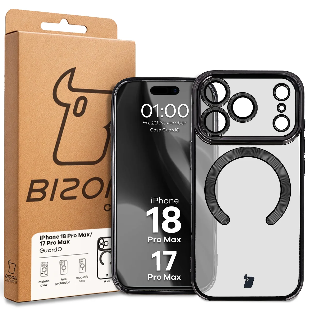 Przód pudełka Bizon Case z dedykowaną etykietą do iPhone 18 Pro Max / 17 Pro Max